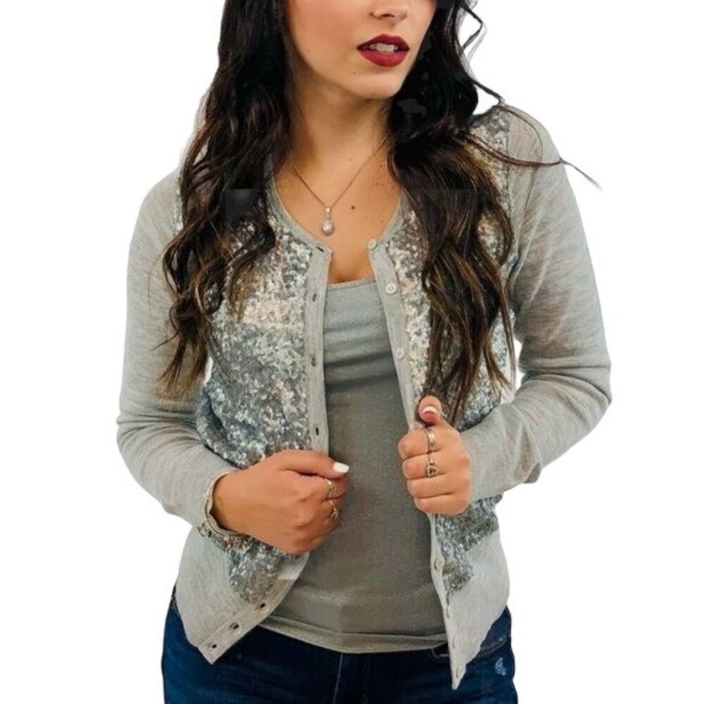 Ann Taylor 2 Piece Set Sequin Embellished Button Down Cardigan & Silver Cami Set